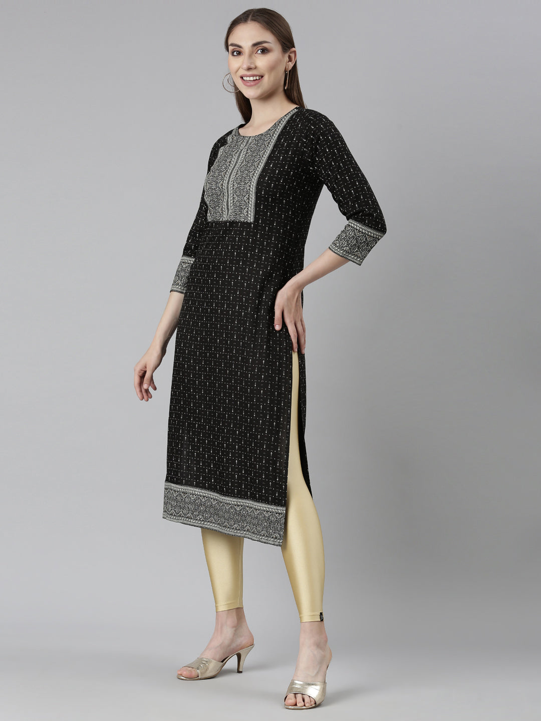 Neerus Black Bandhani printed straight kurti - back view