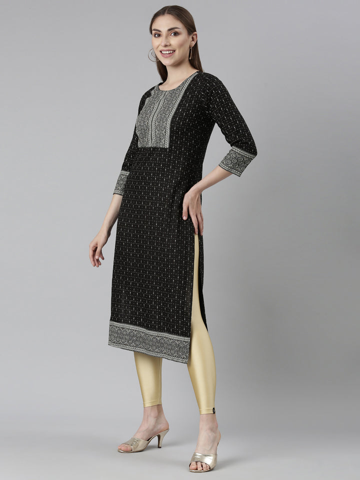 Neerus Black Bandhani printed straight kurti - back view