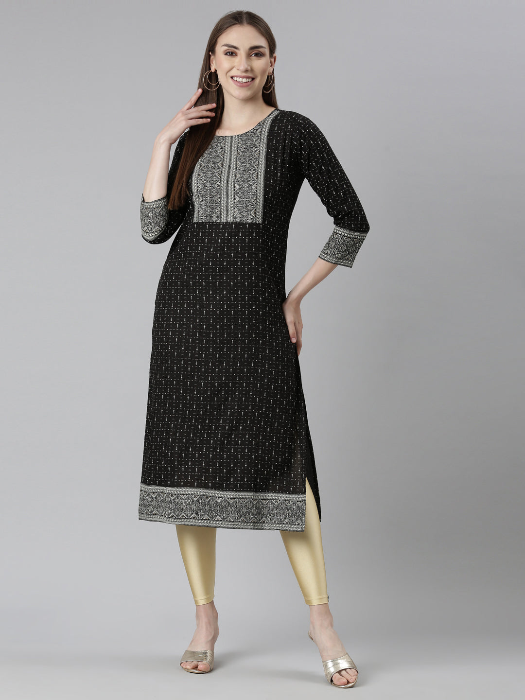 Neerus Black Bandhani printed straight kurti - detail view 2