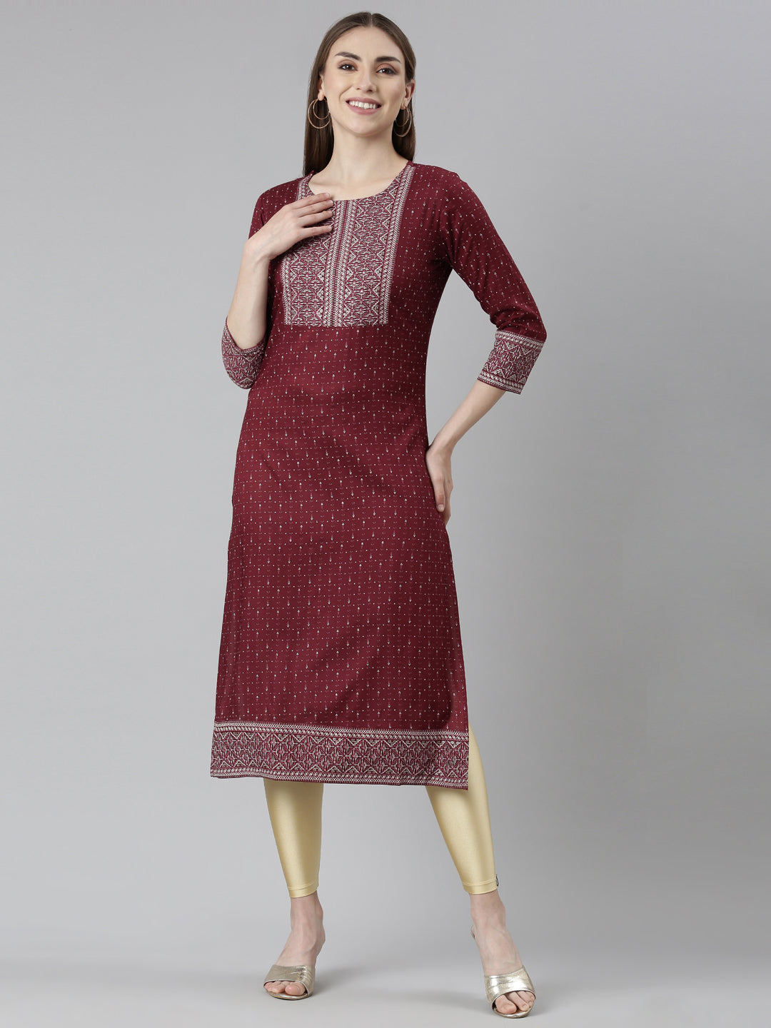 Neerus Maroon bandhani printed straight kurti - front view