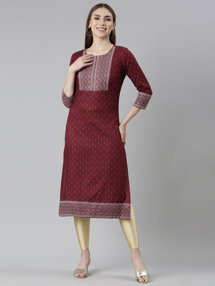 Neerus Maroon bandhani printed straight kurti - front view