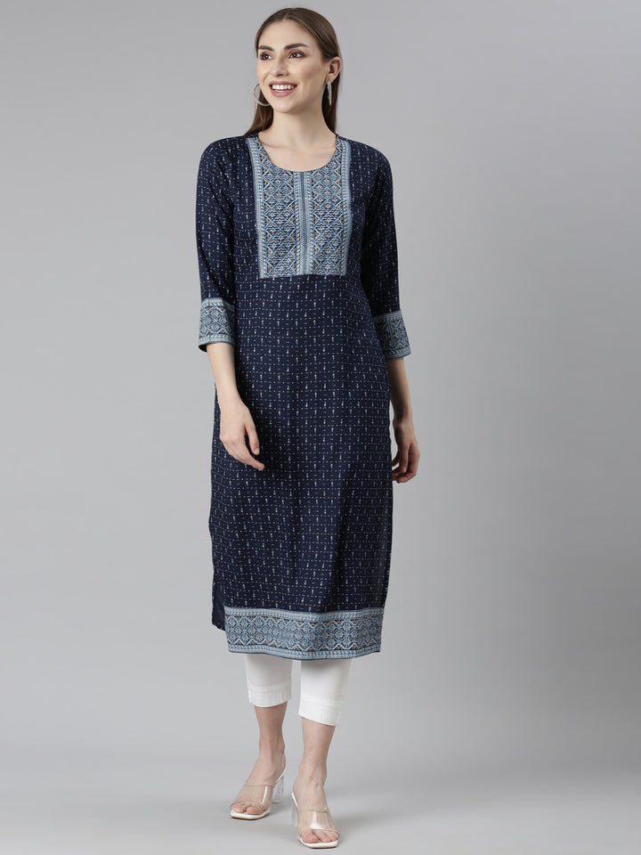 Neerus Blue cotton bandhani printed straight kurti - front view