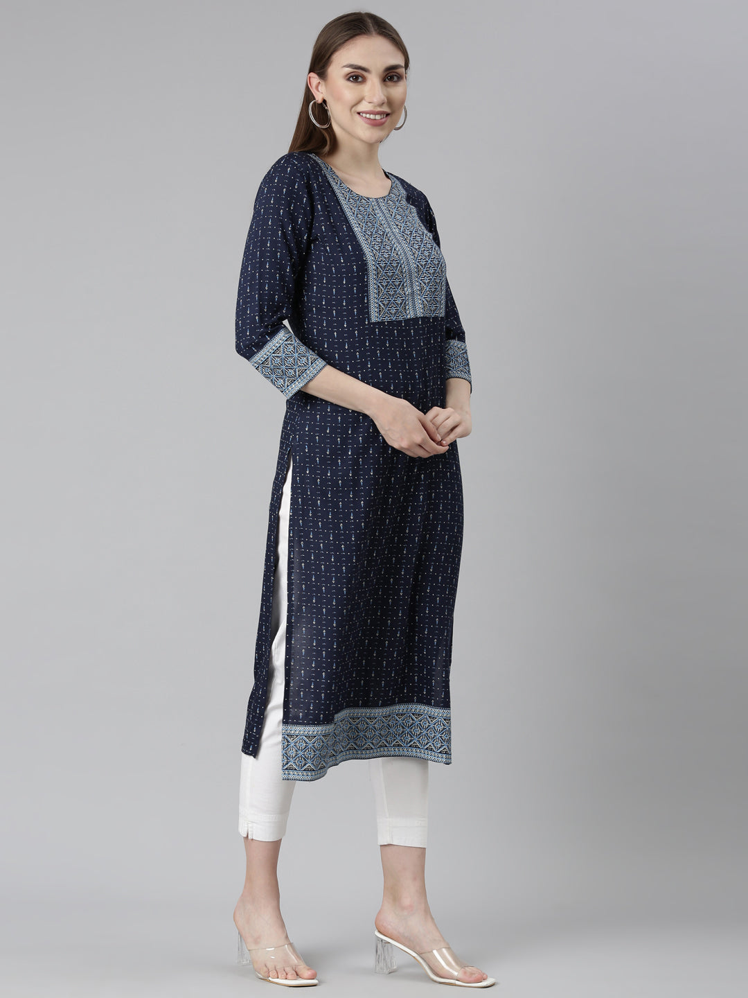 Neerus Blue cotton bandhani printed straight kurti - back view