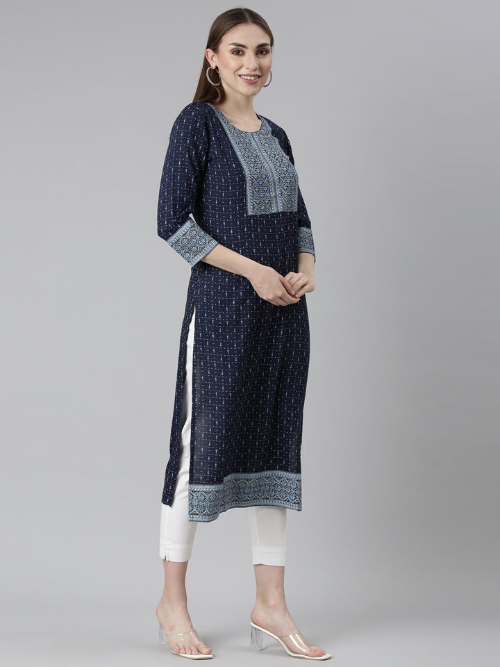 Neerus Blue cotton bandhani printed straight kurti - back view