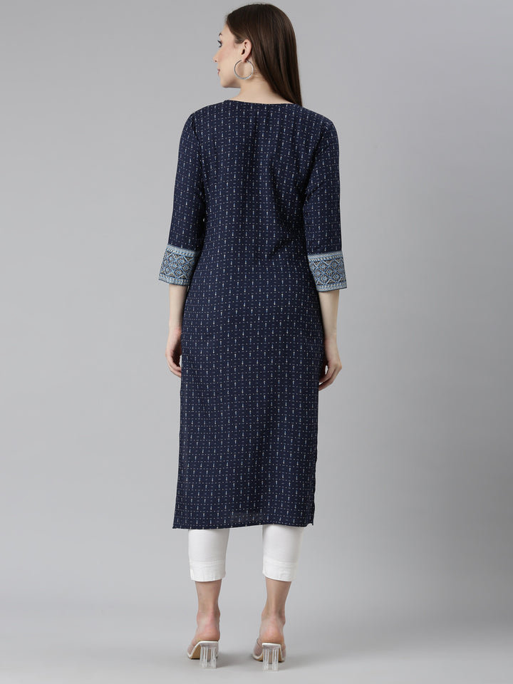 Neerus Blue cotton bandhani printed straight kurti - side view