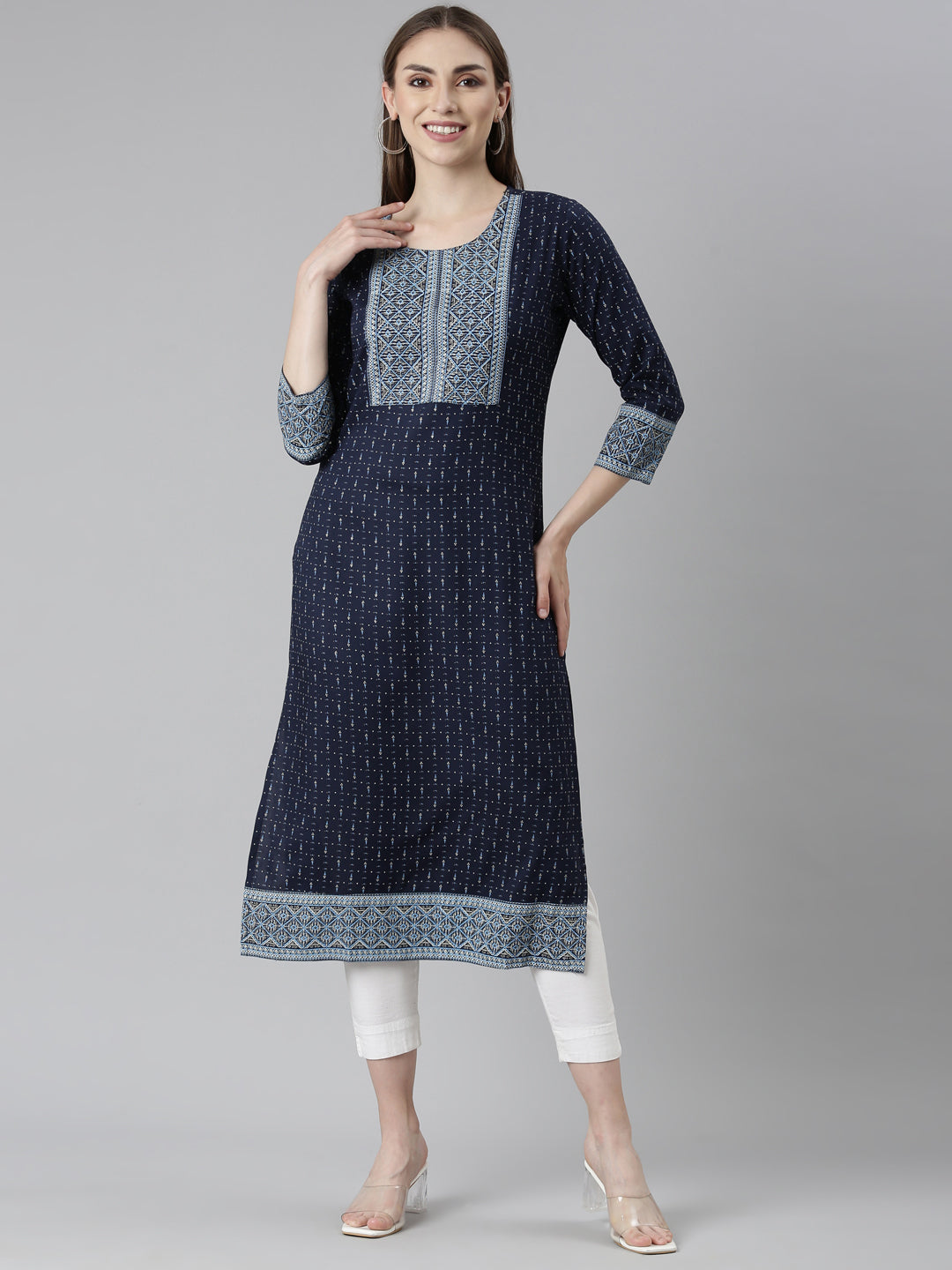 Neerus Blue cotton bandhani printed straight kurti - detail view 2