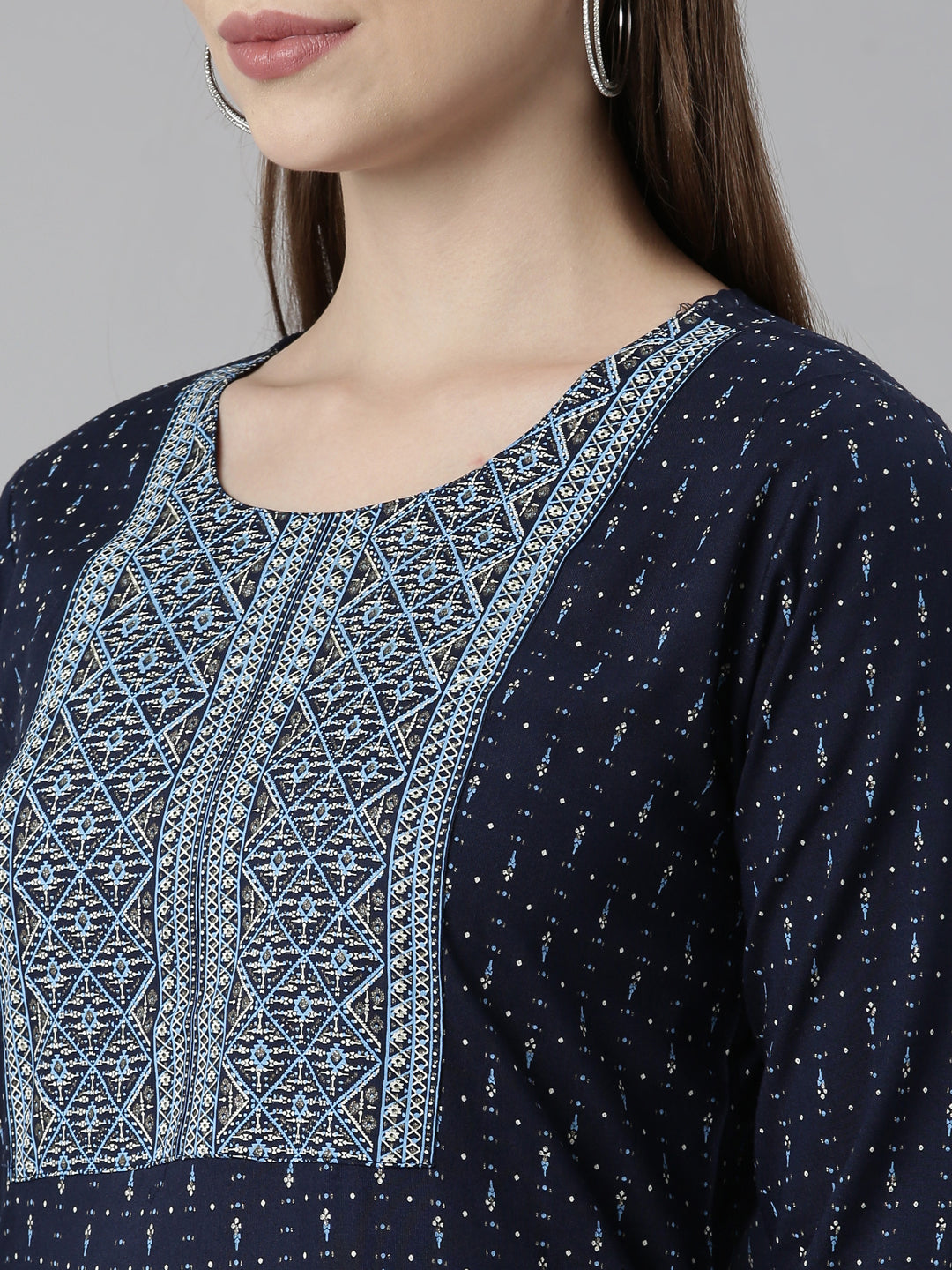 Neerus Blue cotton bandhani printed straight kurti - detail view 1