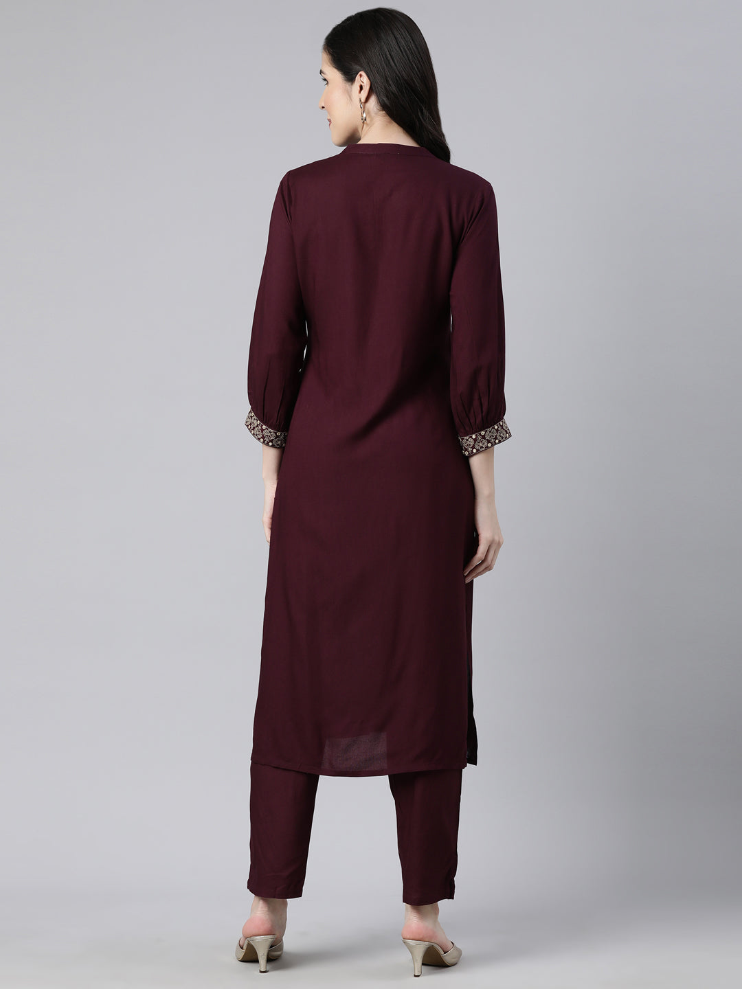 Neerus Purple solid straight kurta set - side view