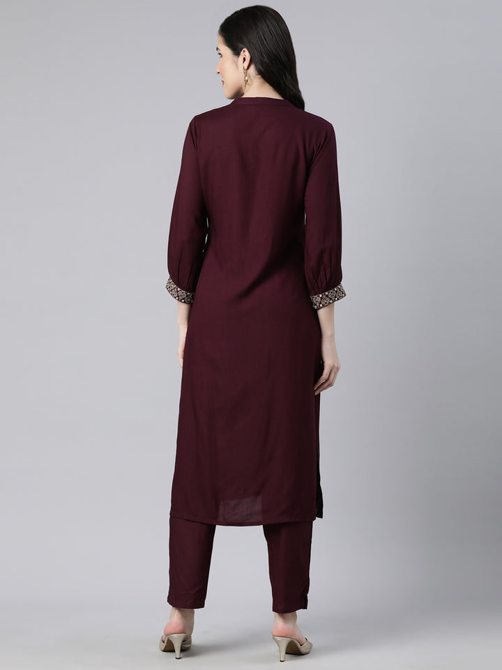 Neerus Purple solid straight kurta set - side view