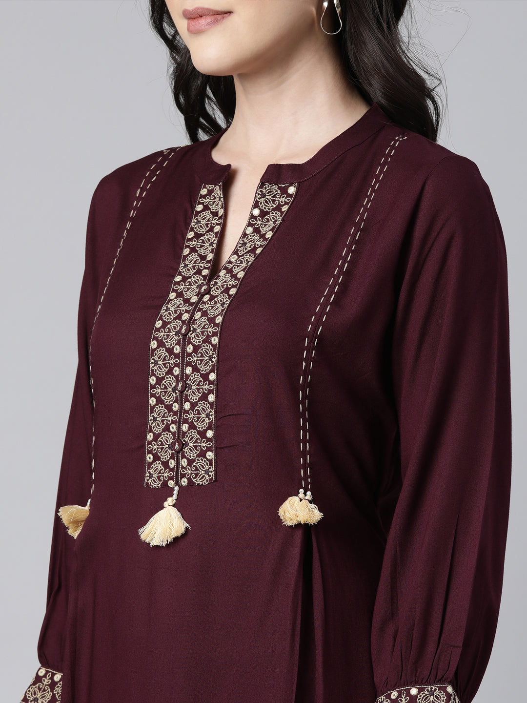 Neerus Purple solid straight kurta set - detail view 1