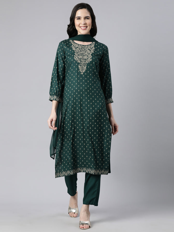 Neerus Green Regular Straight Floral Kurta And  Trousers With Dupatta