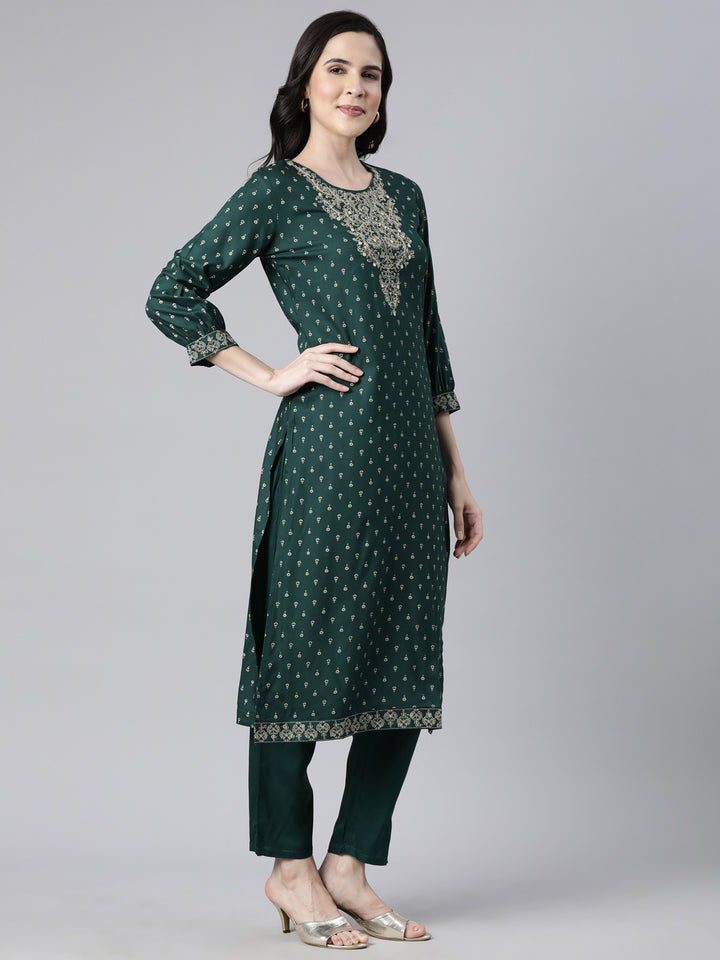 Neerus Green Regular Straight Floral Kurta And  Trousers With Dupatta