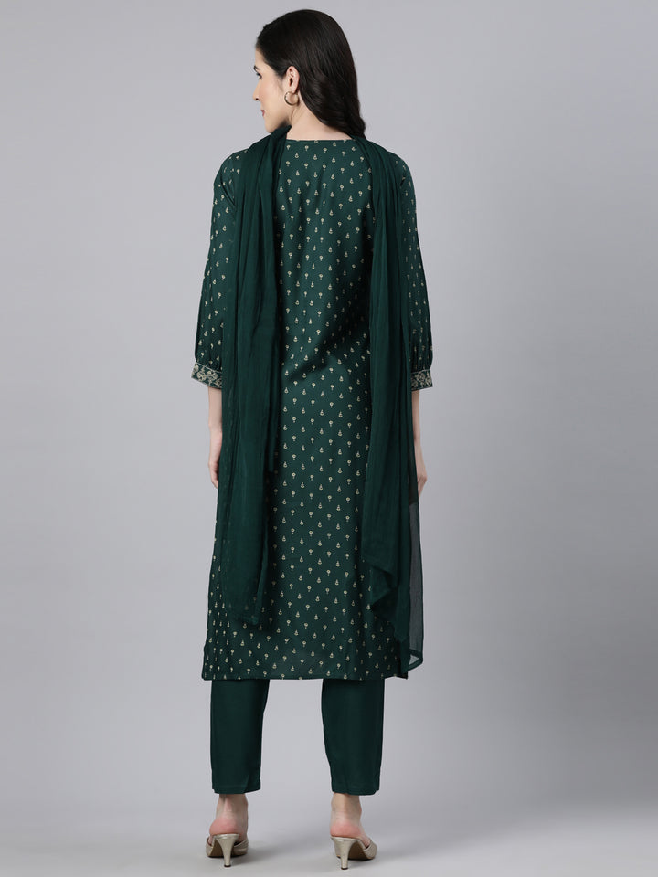Neerus Green Regular Straight Floral Kurta And  Trousers With Dupatta