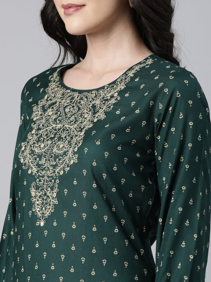 Neerus Green Regular Straight Floral Kurta And  Trousers With Dupatta