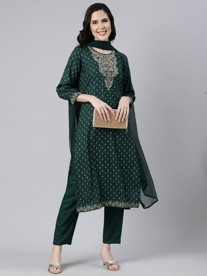 Neerus Green Regular Straight Floral Kurta And  Trousers With Dupatta