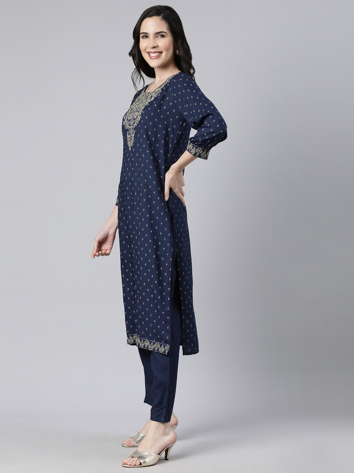 Neerus Navy Blue Regular Straight Floral Kurta And  Trousers With Dupatta