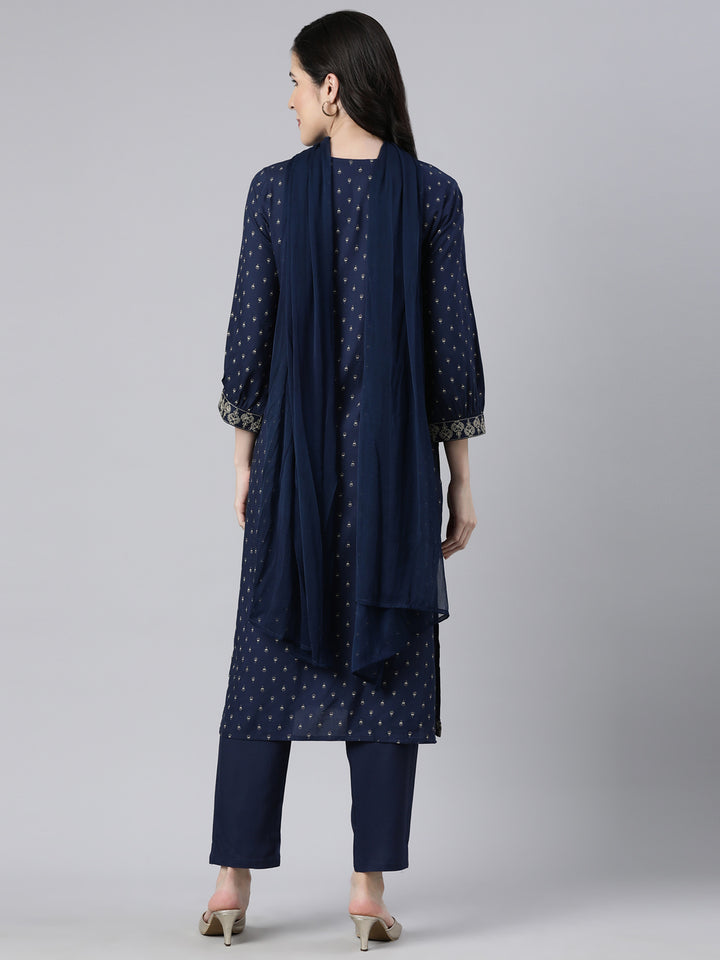 Neerus Navy Blue Regular Straight Floral Kurta And  Trousers With Dupatta