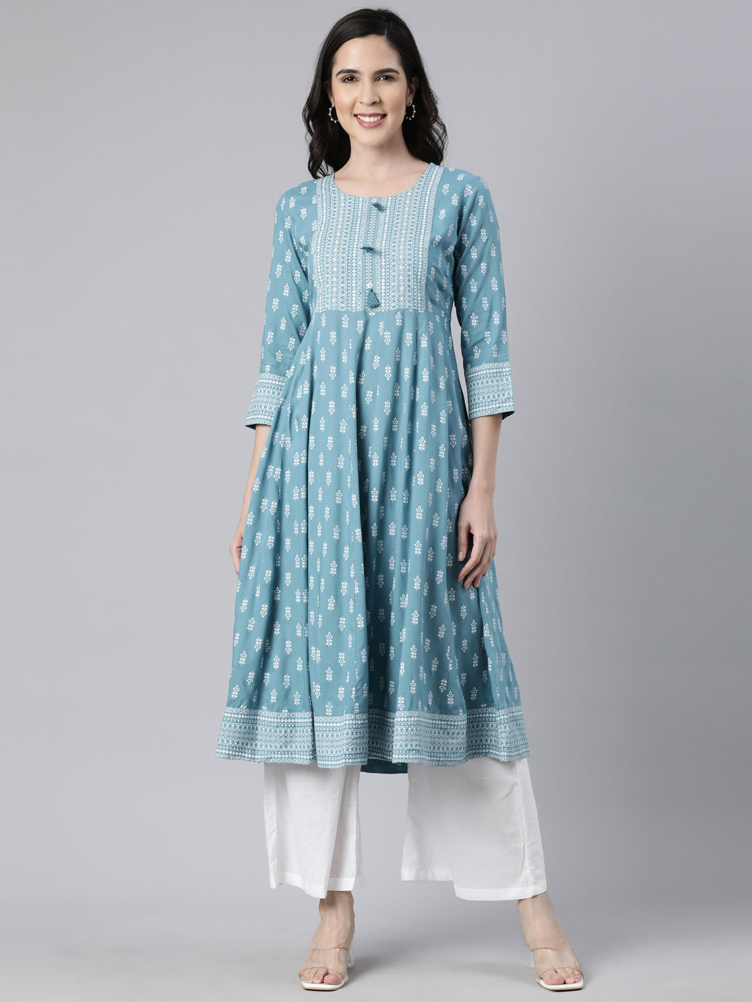 Neerus Blue floral printed anarkali kurti - front view