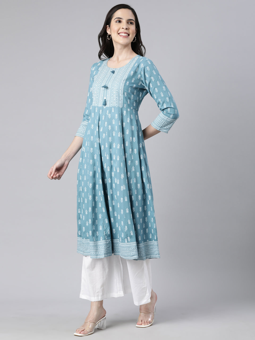 Neerus Blue floral printed anarkali kurti - back view