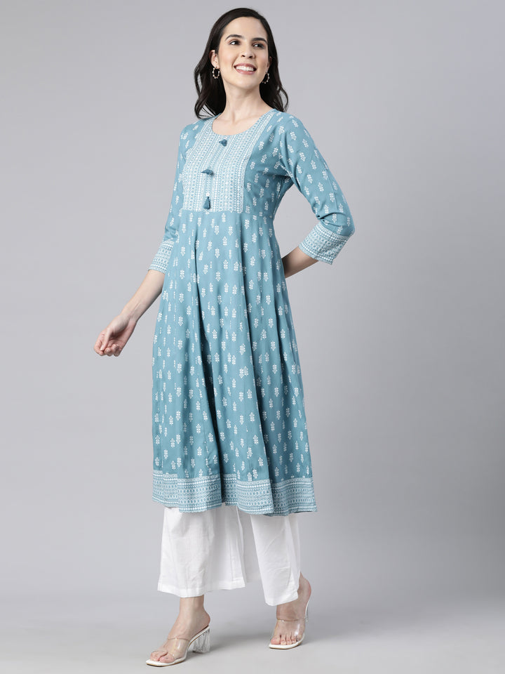 Neerus Blue floral printed anarkali kurti - back view