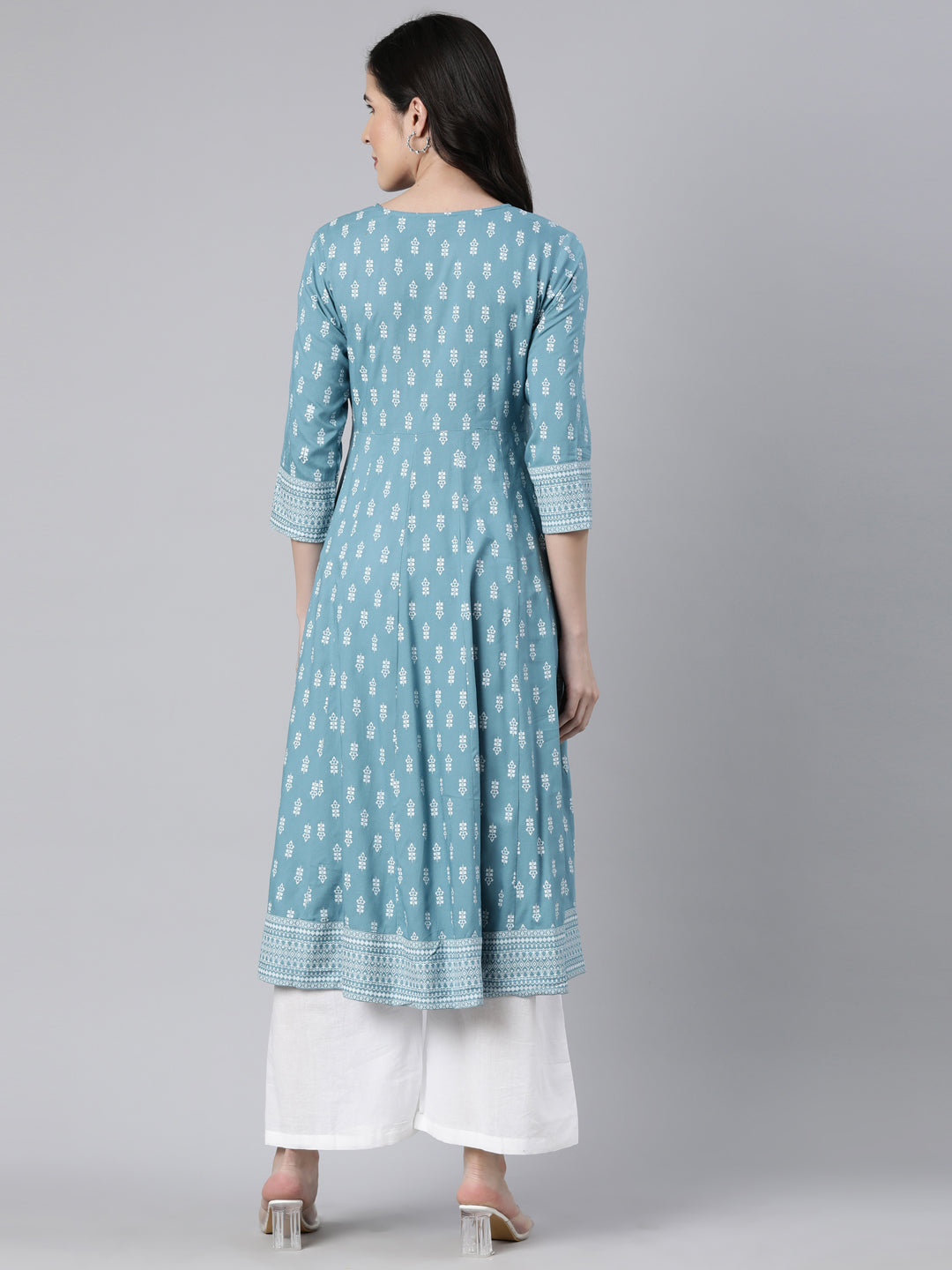 Neerus Blue floral printed anarkali kurti - side view