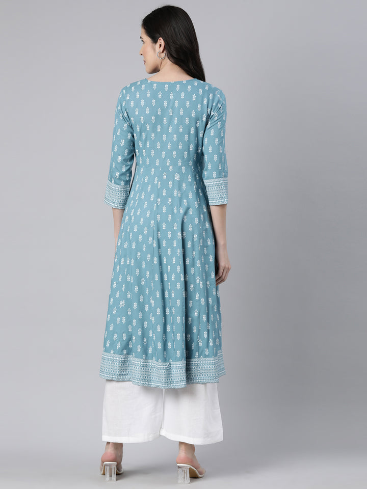 Neerus Blue floral printed anarkali kurti - side view