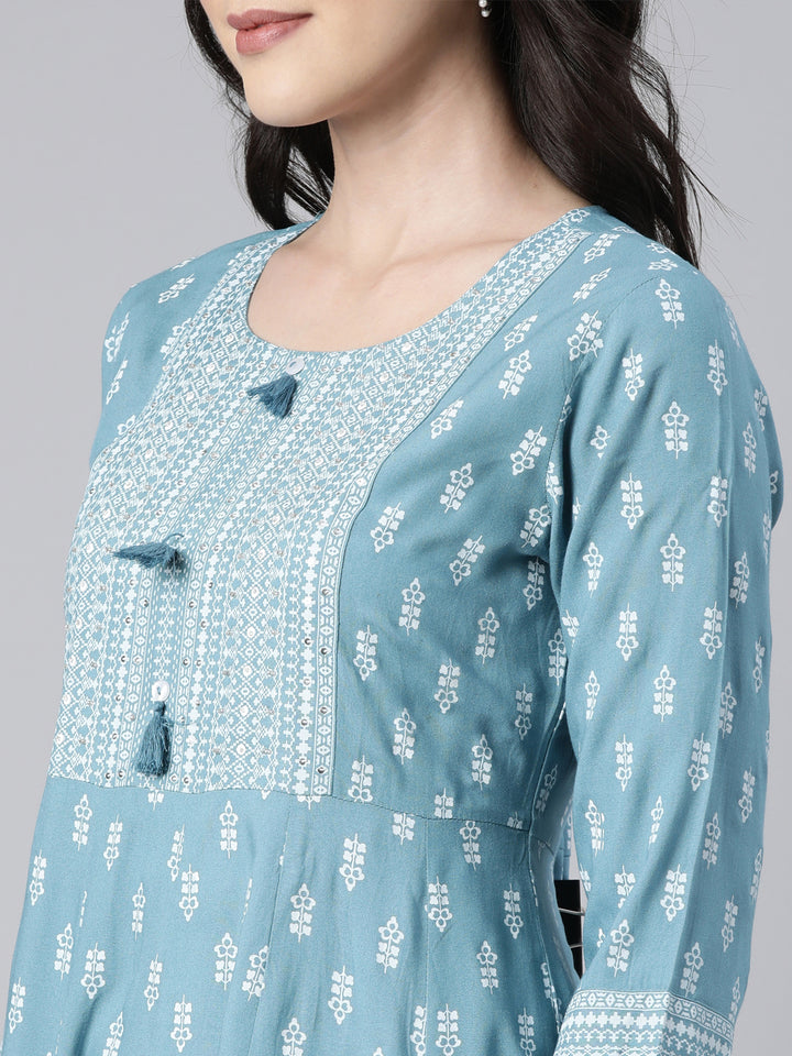 Neerus Blue floral printed anarkali kurti - detail view 1