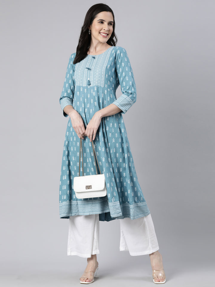 Neerus Blue floral printed anarkali kurti - detail view 2