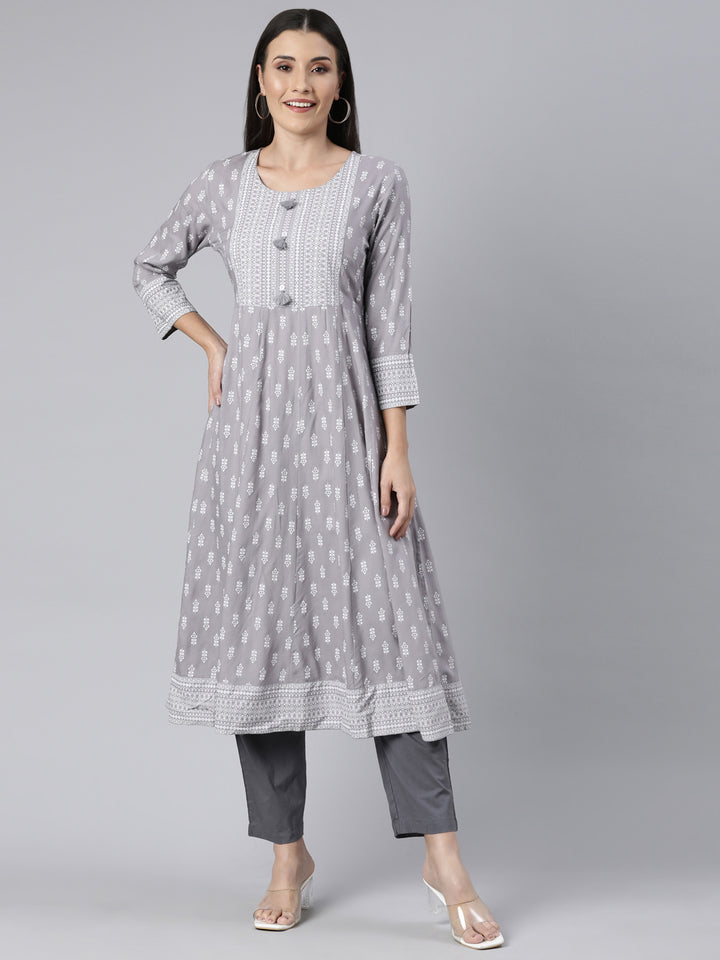 Neerus Grey Regular Anarkali Floral Kurtas