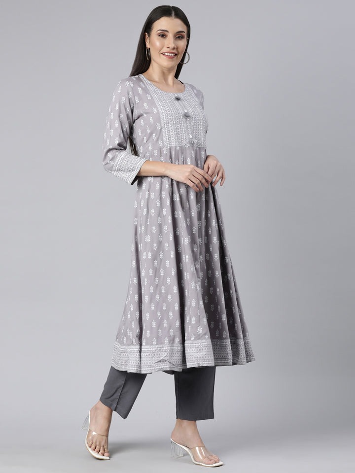 Neerus Grey Regular Anarkali Floral Kurtas