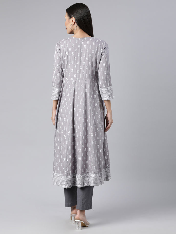 Neerus Grey Regular Anarkali Floral Kurtas