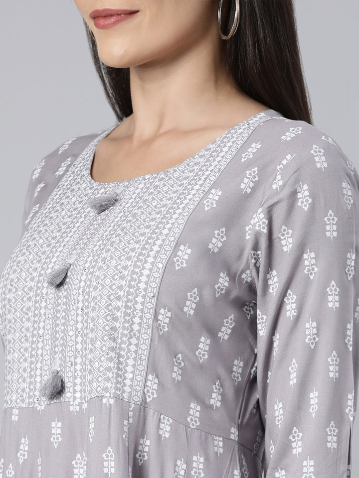 Neerus Grey Regular Anarkali Floral Kurtas