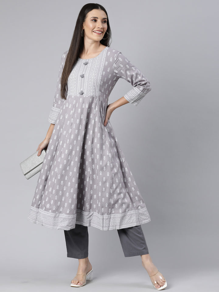 Neerus Grey Regular Anarkali Floral Kurtas