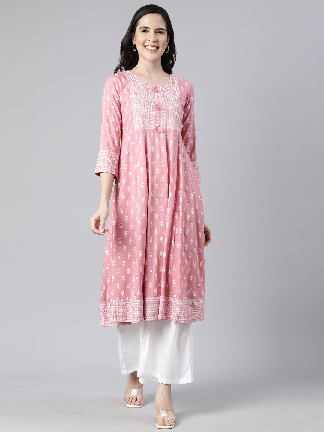 Neerus Pink floral printed anarkali kurti - front view