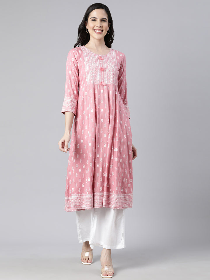 Neerus Pink floral printed anarkali kurti - front view