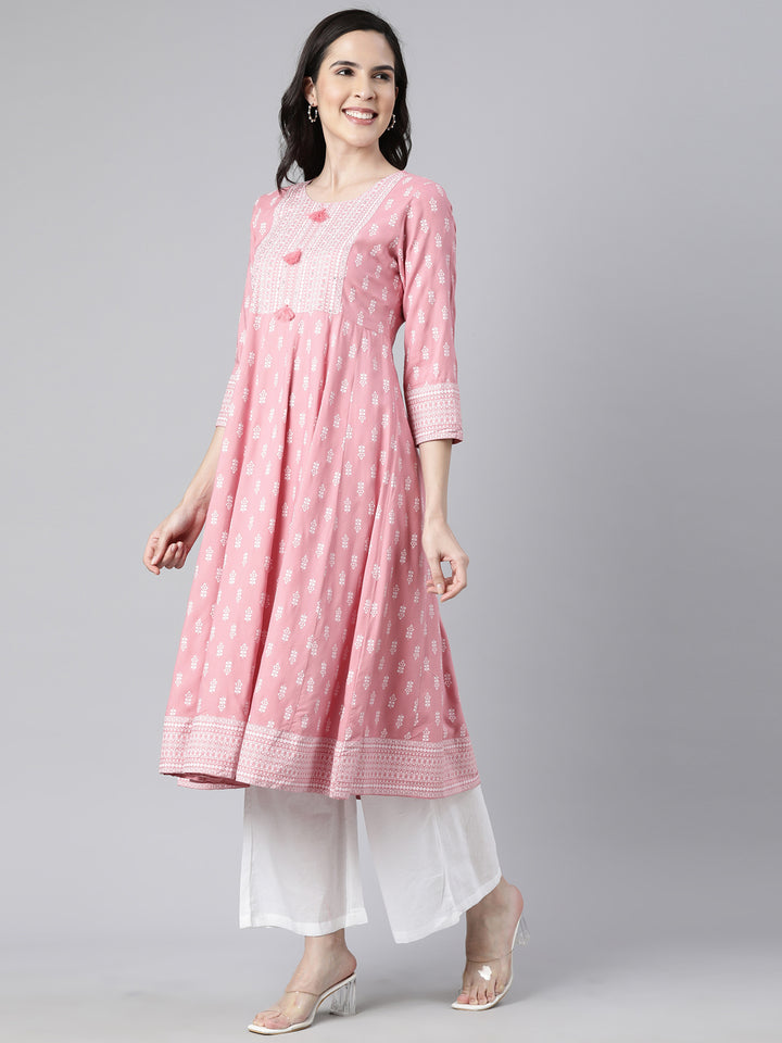 Neerus Pink floral printed anarkali kurti - back view