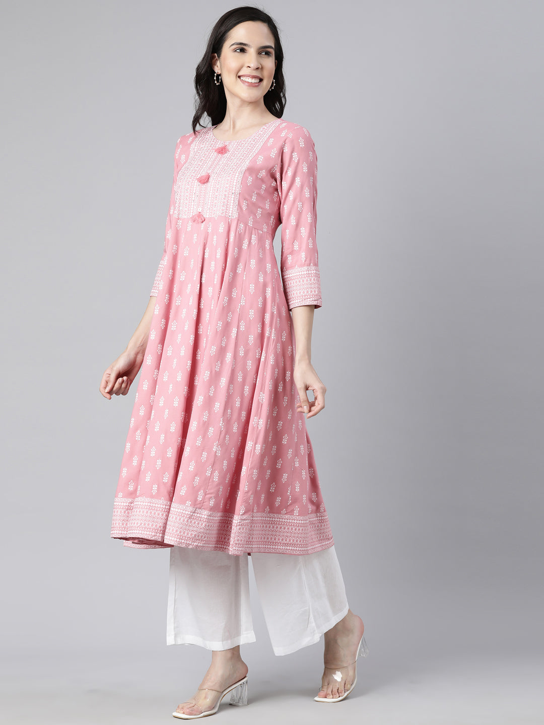 Neerus Pink Regular Anarkali Floral Kurtas