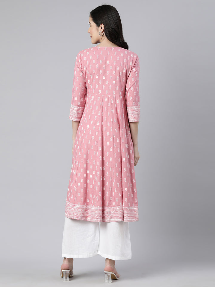 Neerus Pink floral printed anarkali kurti - side view
