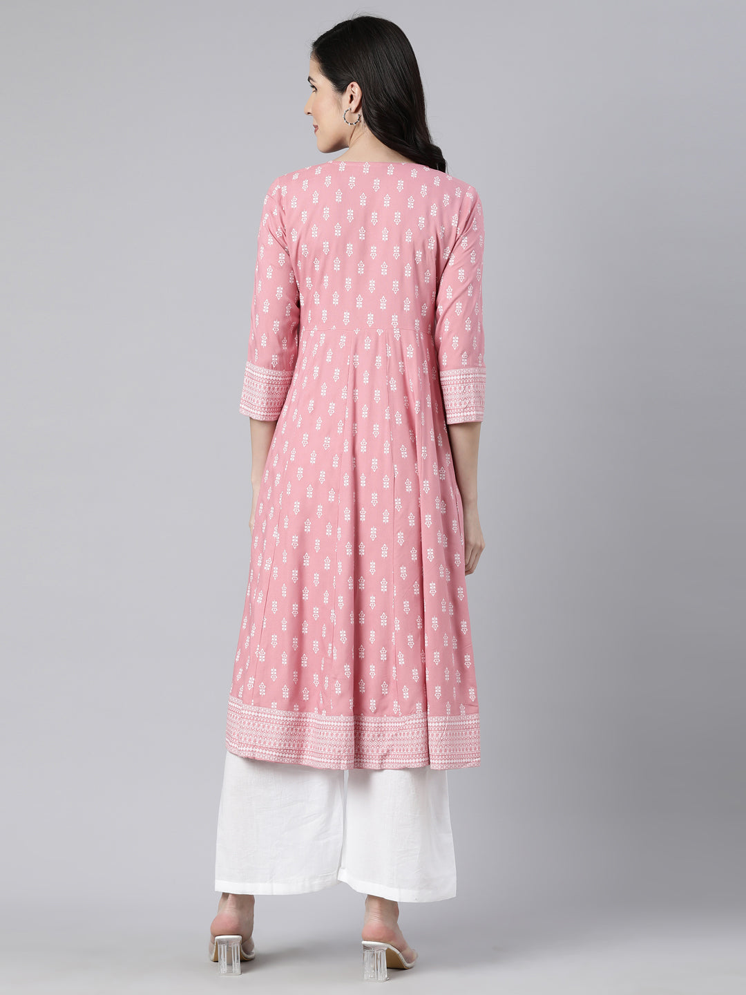 Neerus Pink Regular Anarkali Floral Kurtas
