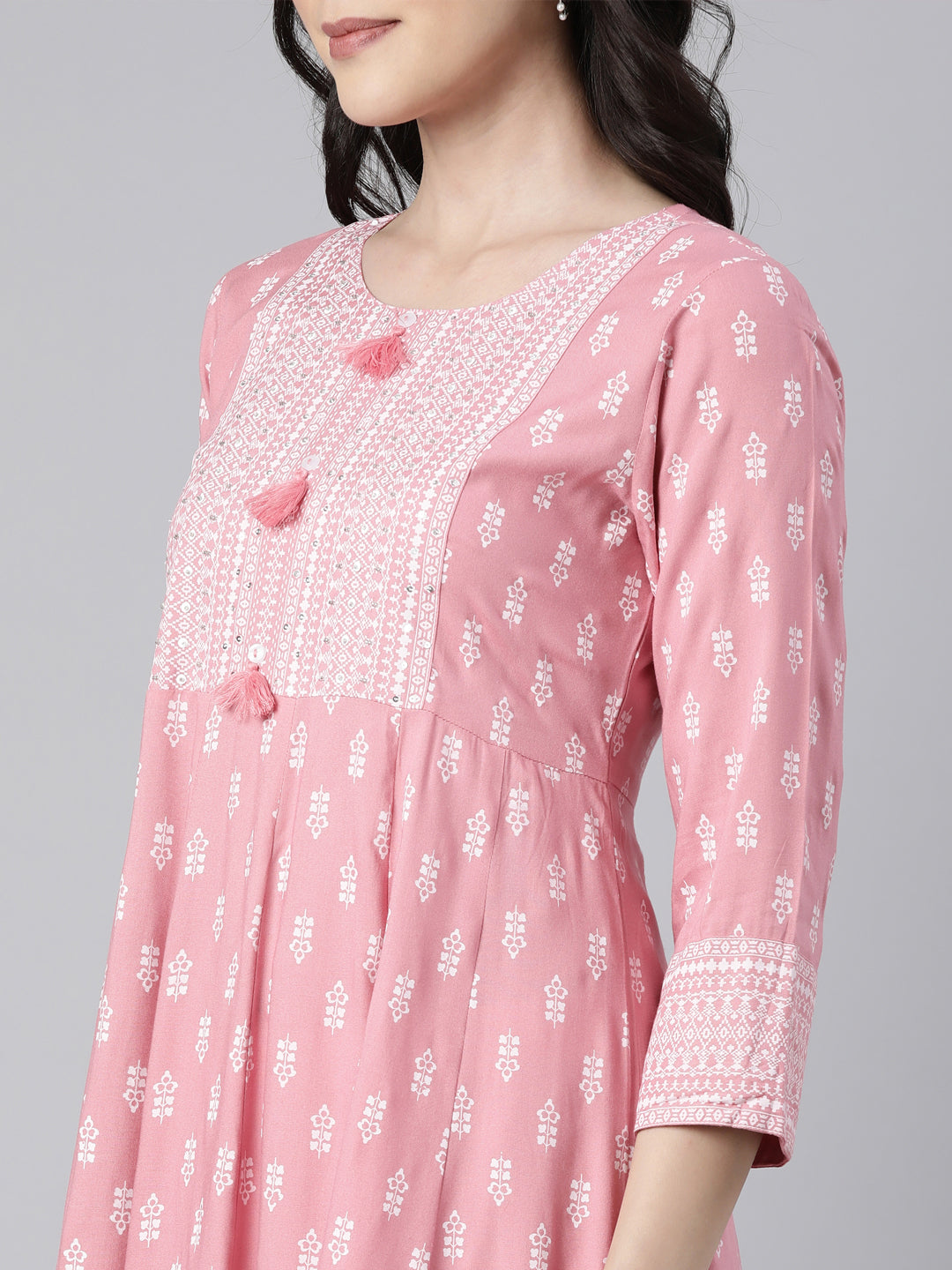 Neerus Pink floral printed anarkali kurti - detail view 1