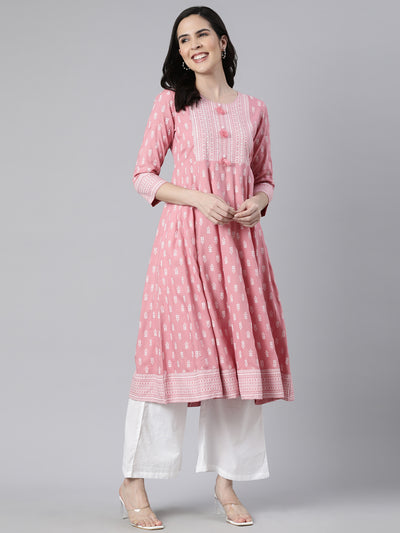 Neerus Pink Regular Anarkali Floral Kurtas