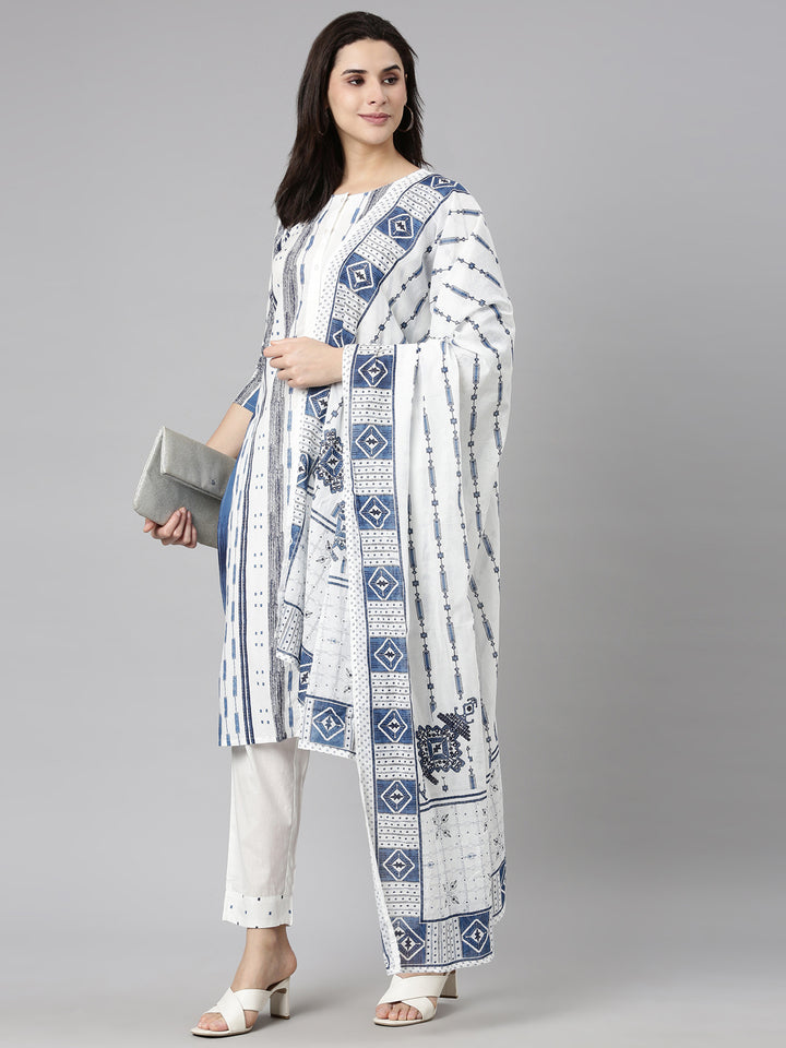 Neerus Blue Regular Straight Textured Kurta And  Trousers With Dupatta