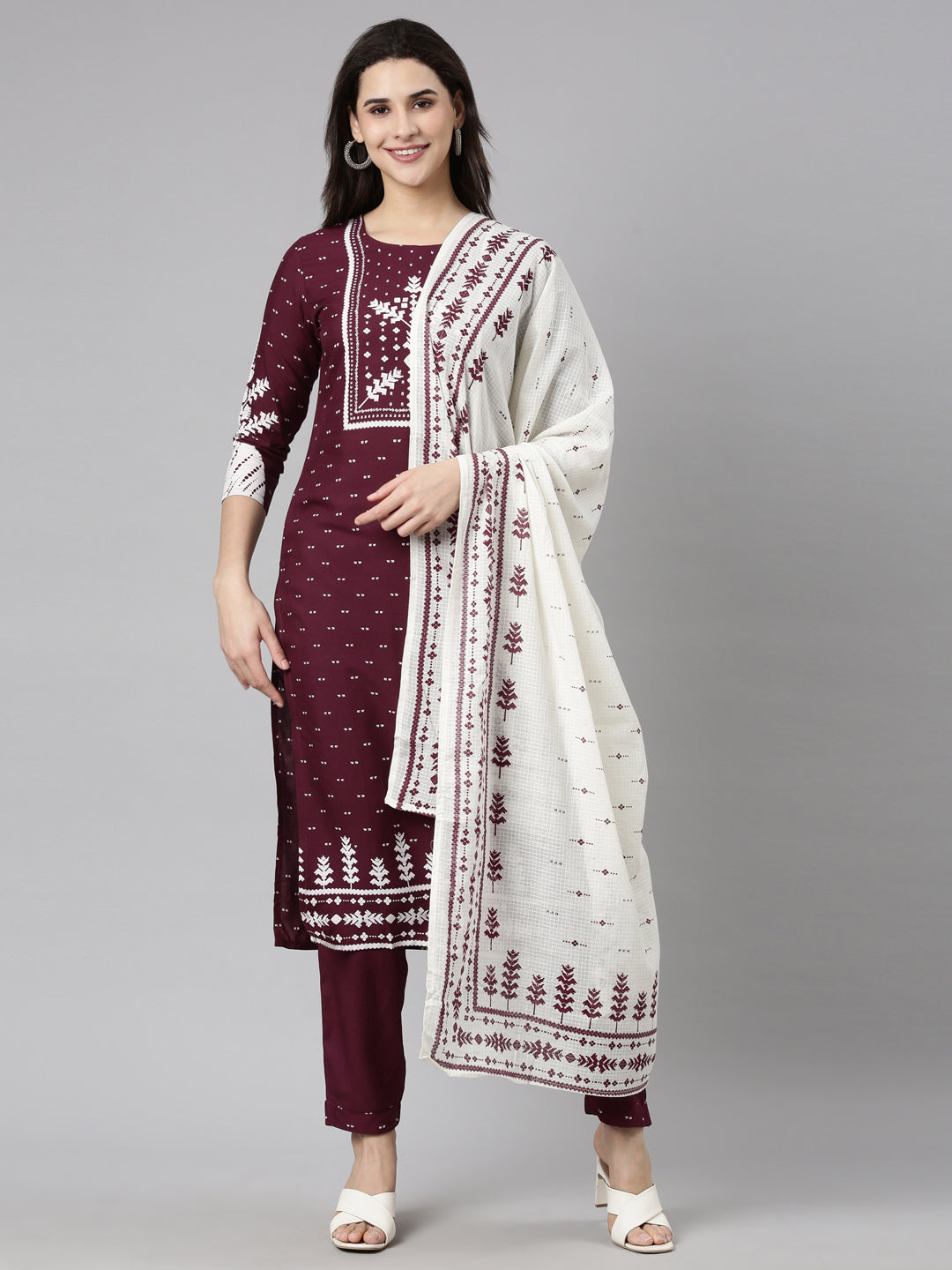 Neerus Purple printed floral straight suit set - front view