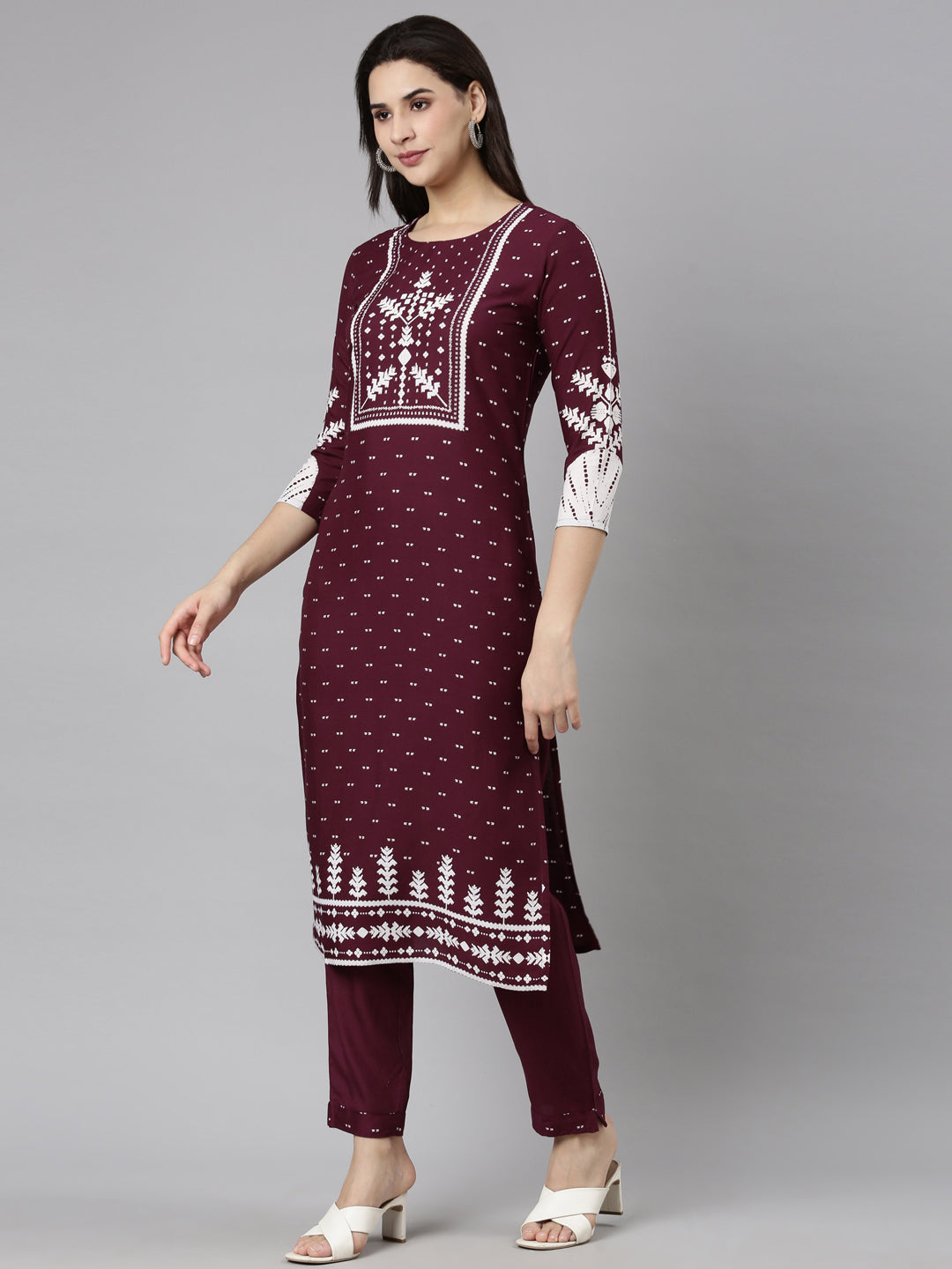 Neerus Purple Regular Straight Floral Kurta And  Trousers With Dupatta