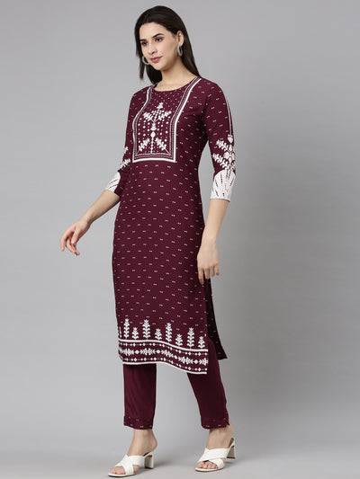 Neerus Purple Regular Straight Floral Kurta And  Trousers With Dupatta