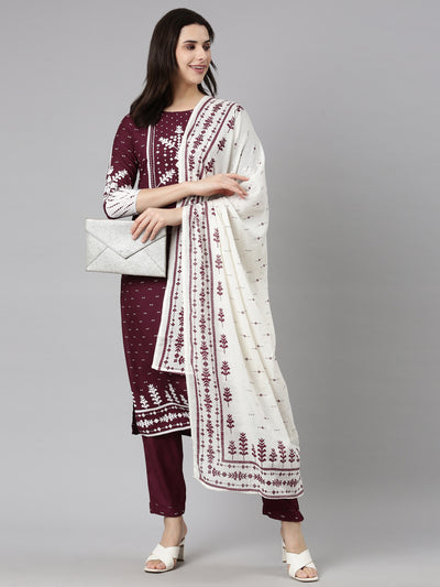 Neerus Purple Regular Straight Floral Kurta And  Trousers With Dupatta