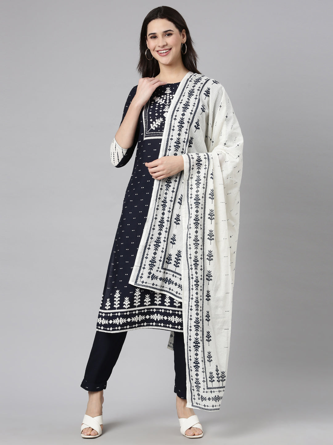 Neerus Blue floral printed straight suit set - front view
