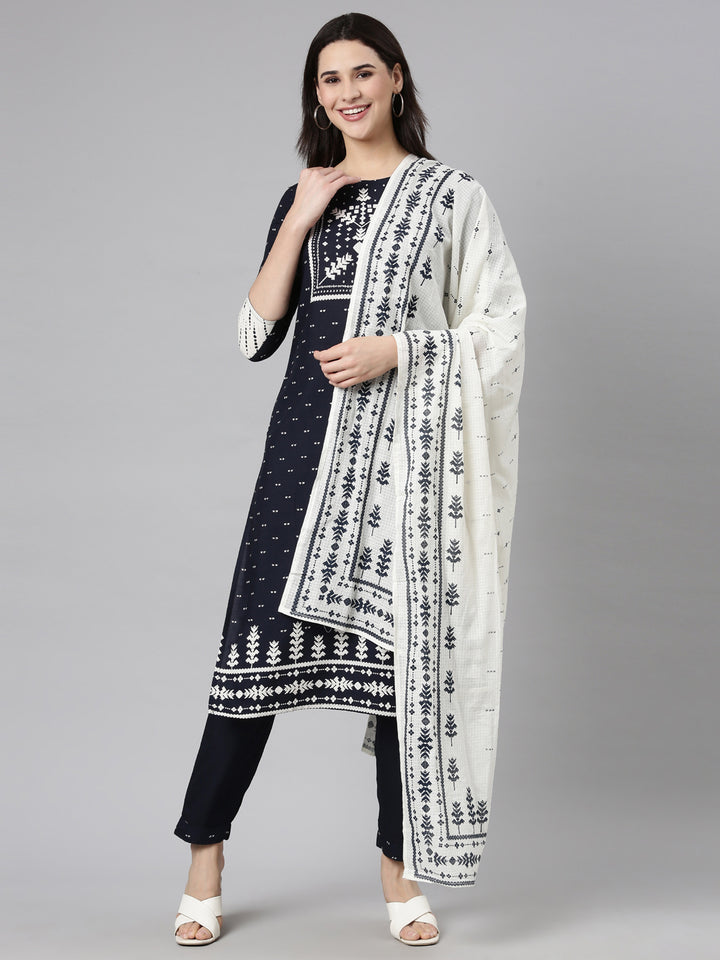 Neerus Blue floral printed straight suit set - front view