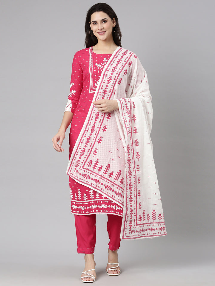 Neerus Pink printed floral suit set straight kurta with trouser and dupatta - front view