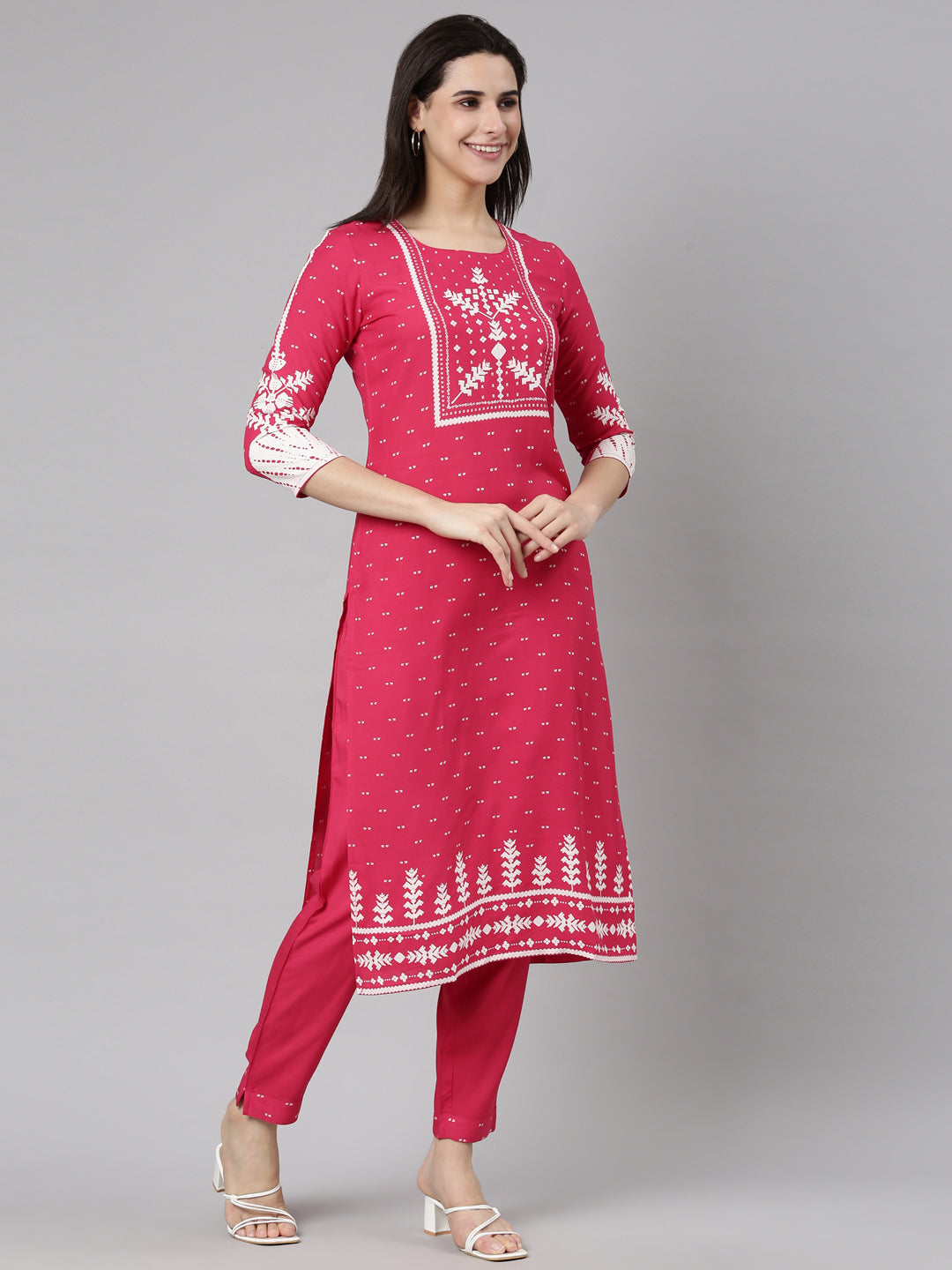 Neerus Pink printed floral suit set straight kurta with trouser and dupatta - back view